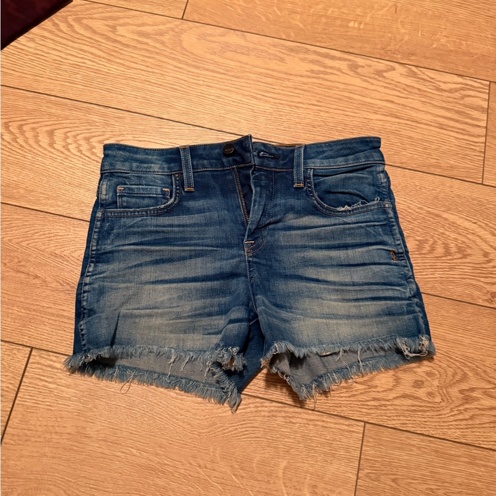 Genetic Denim Blue Jean Shorts with Frayed Hem and Distressed Look